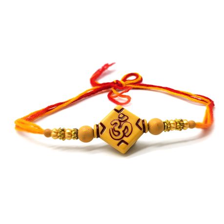 pX Raksha Bandhan Rhakee Wooden Om Engraved Square Charm-String Rhaki Image