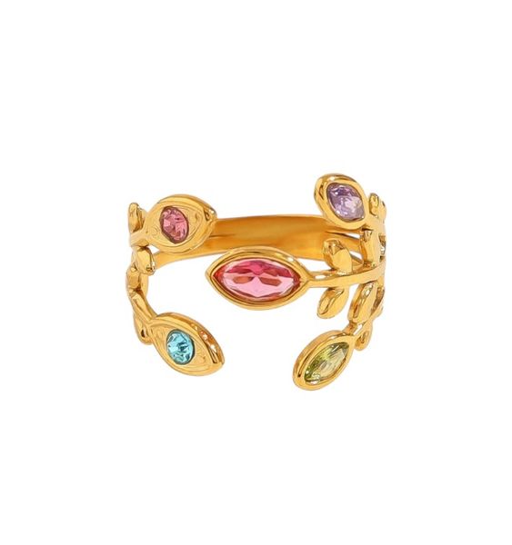 Leaf Design ed Colorful Zirconia Diamond Ring - Gold