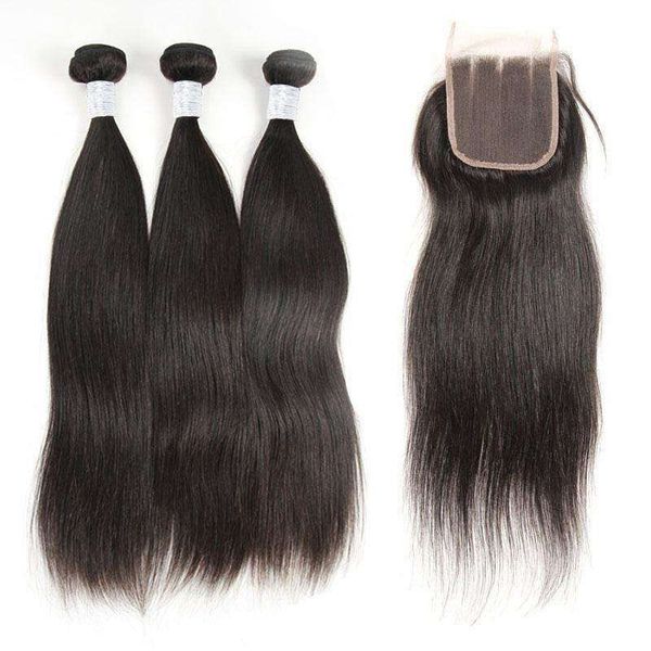 Straight Bundles with Closure Brazilian Human Hair 100% Unprocessed Hair