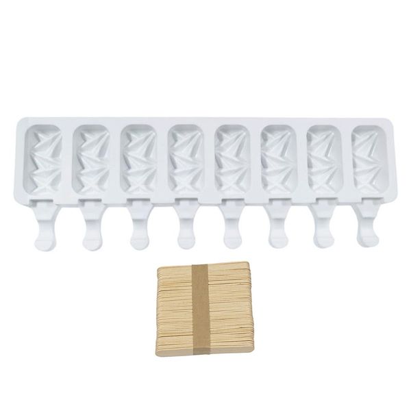 8 Cavity Rhombic Pattern Ice Cream Mould With 50 Popsicle Stick Set - White