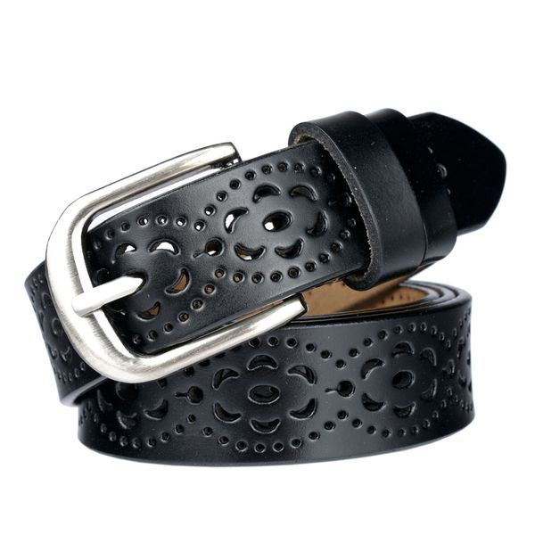 Women Floral Carved Pin Styles Metal Buckle Leather Waist Belt-Coffee