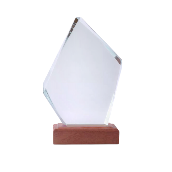 Polygonal Crystal Trophy with Wooden Base - 24cm Diamond-Shaped Award