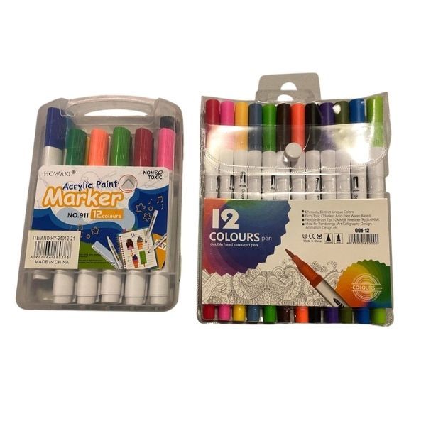 24 Pack Colour Set- 12 Acrylic Paint Markers &amp; 12 Double-Headed Colour Pens