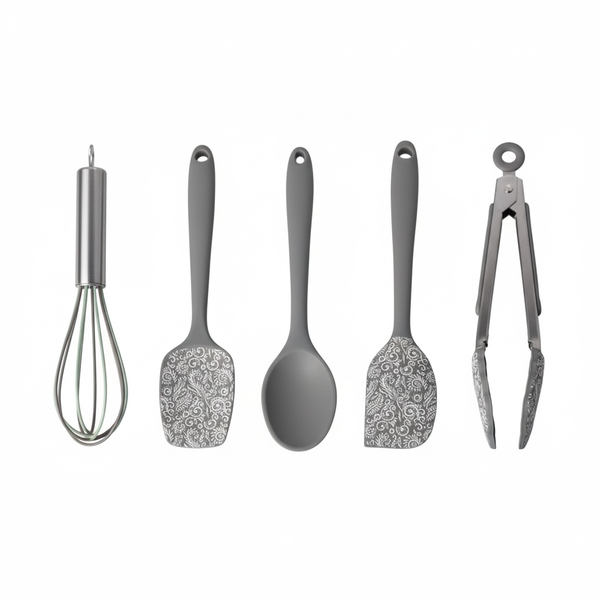 Grey and White Silicone Utensil Set -Stainless Steel and Silicone (5 Piece)