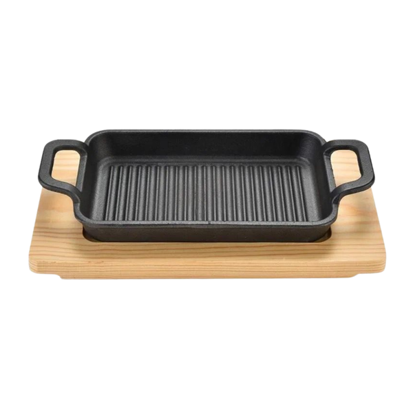Cast Iron Rectangular Grilling Pan with Pine Wood Base