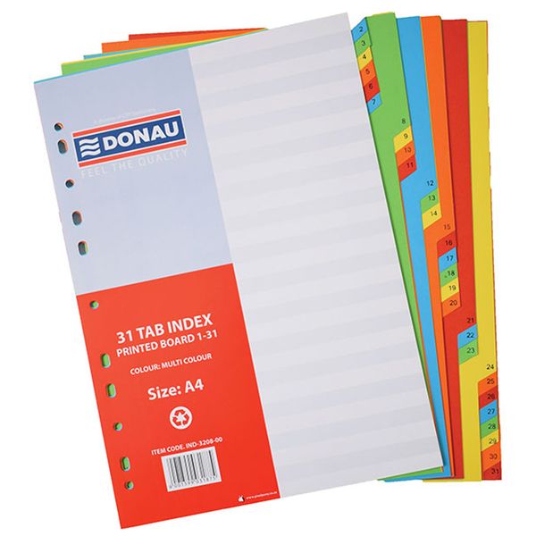 Donau File Divider, 31 Tab printed board (1-31) Pack of 5