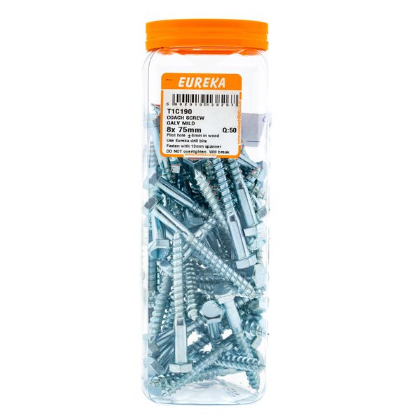 EUREKA Coach Screws Galvanised Mild Steel 8 x 75mm Q:50 T1C190