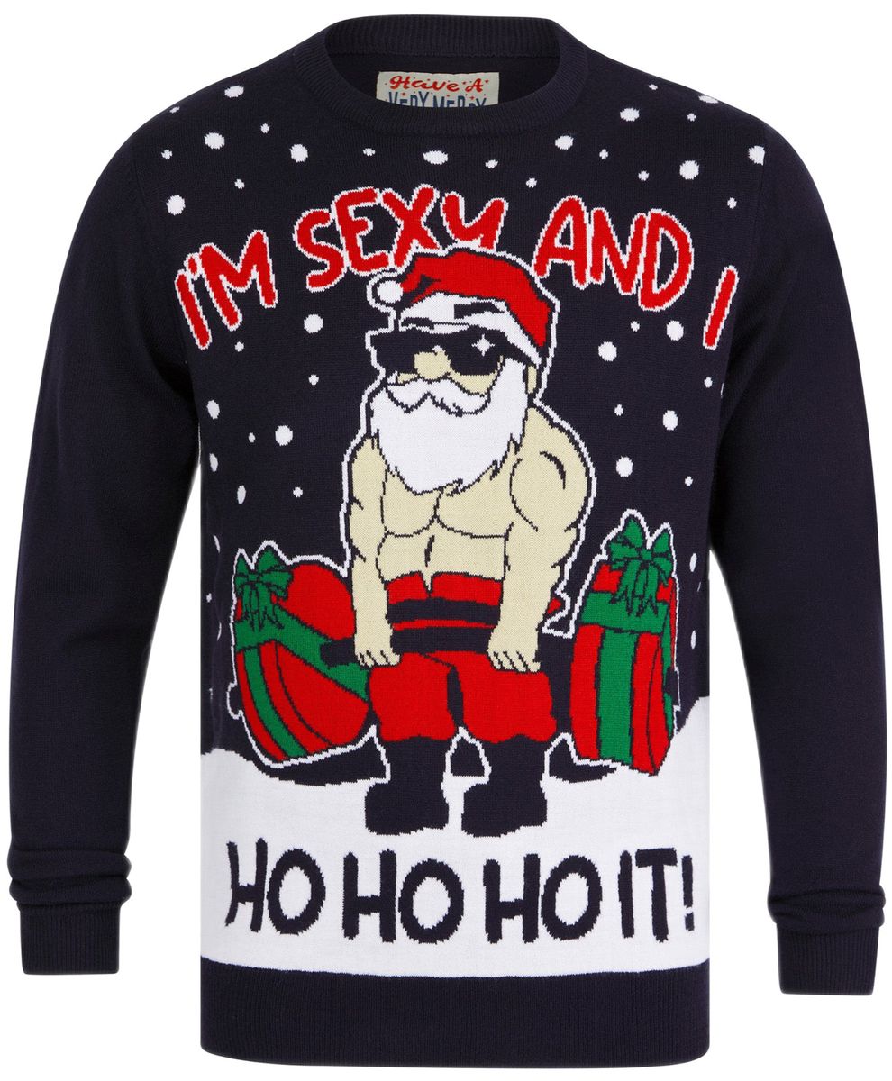 Tokyo Laundry Men's Workout Motif Novelty Knitted Xmas Jumper in Ink