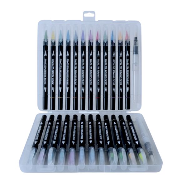 24 Dual-Tip Watercolour Brush Pens Set with 2 Water Brushes &amp; Storage Box