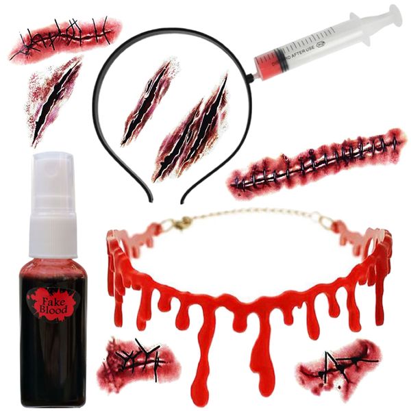 Halloween Fake Blood Necklace, Syringe Headband, Blood Spray &amp; Scar Tattoos
