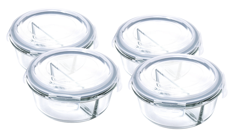 2-Compartment 800ml Round Glass Food Storage Container - Airtight 2Pack