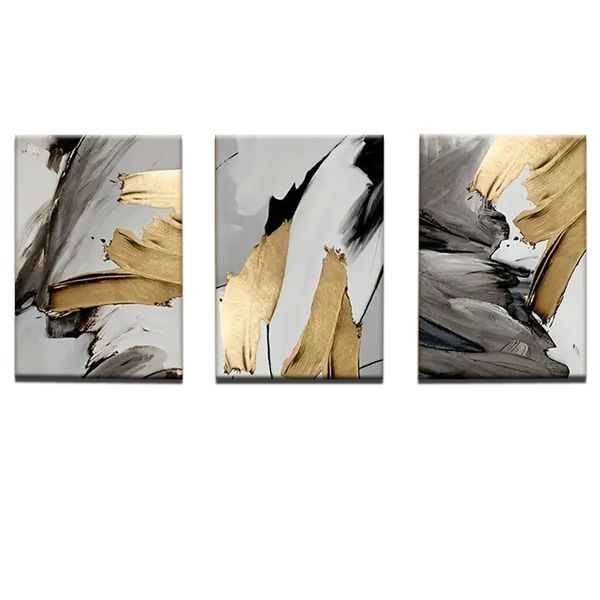 Canvas- Art - 3 Pieces Black &amp; Gold Pigment Abstract Canvas Wall Art Decor