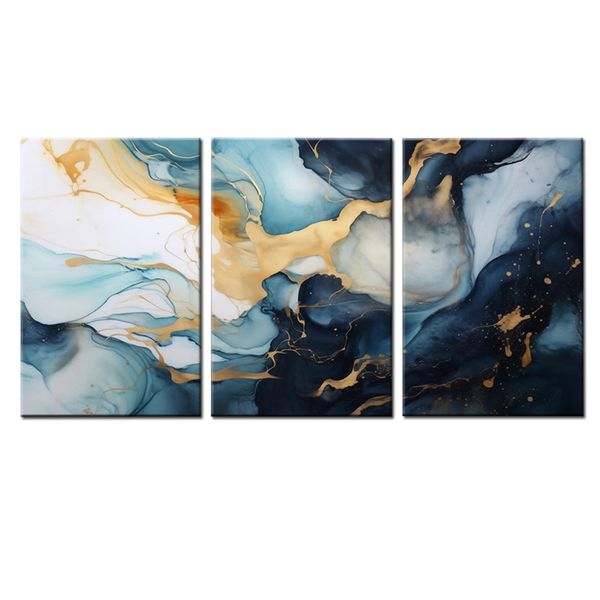 Canvas-Art-3 Pieces Splash of Blue &amp; Gold Marble Abstract Wall Art