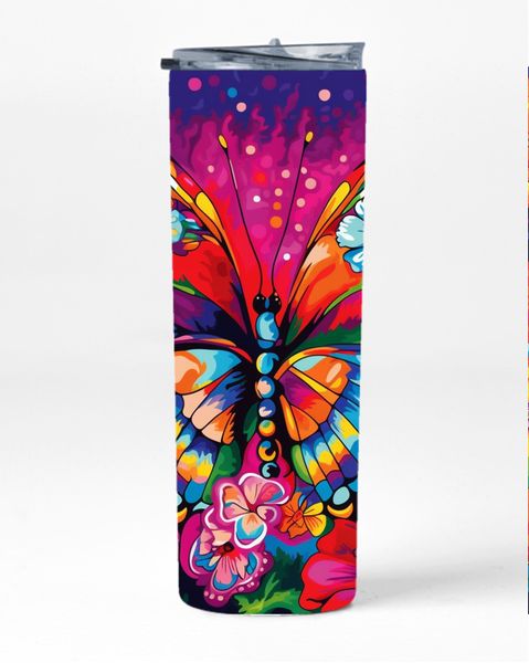 Butterfly Background Carnations Neon 20 Oz Straight Skinny Tumbler