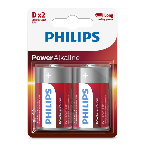 Philips - Power Alkaline LR20 D Batteries 15V 2 Pack