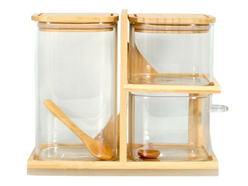 Aqua Glass Canisters with Bamboo Lid in Stand - 3 Piece