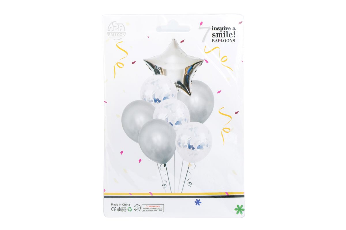 7 Piece Metallic Silver and Confetti Helium Balloons with Star Buy