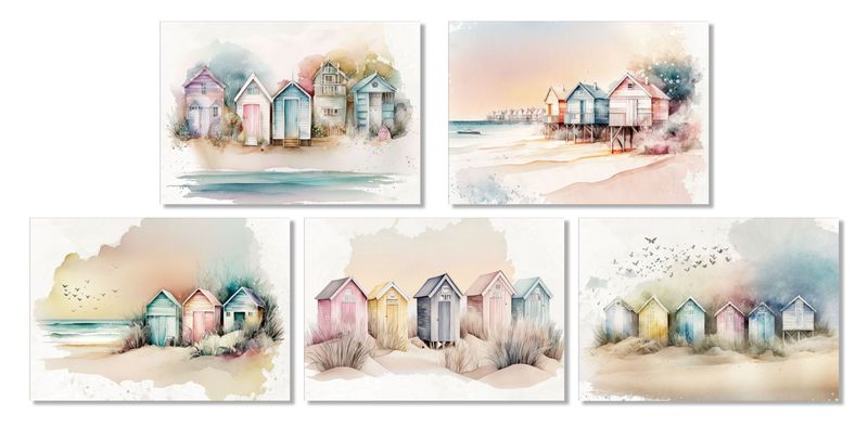 Greeting Cards: Watercolour Beach Huts (5 Pack)
