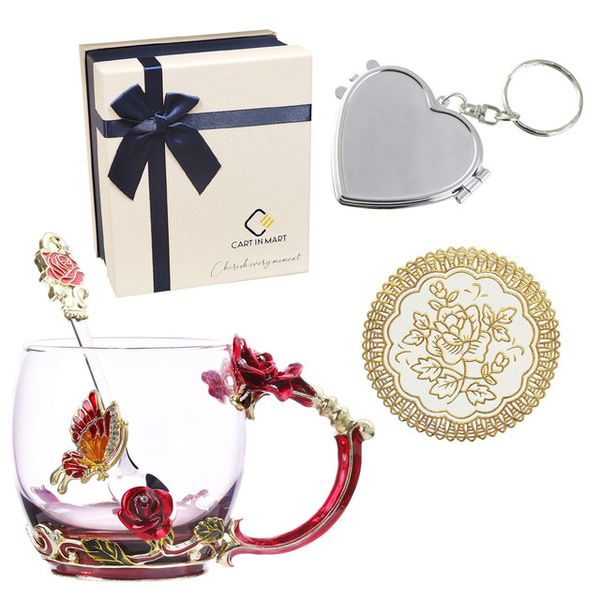 4 Piece Enamel Glass Coffee Mug Valentine's Gift Box Set For Women &amp; Men
