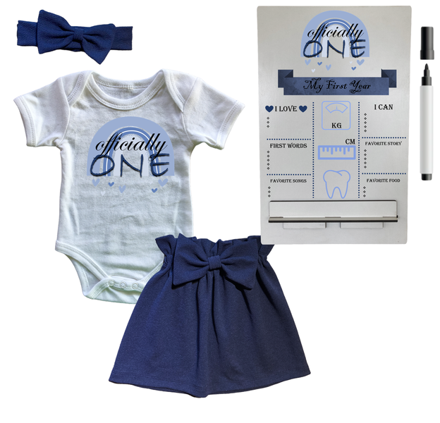 First Birthday Outfit-Skirt, vest &amp; Milestone sign- Navy-Blue Rainbow