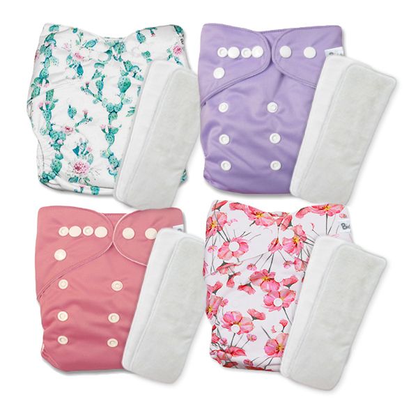 BiddyKins - Cloth Nappy Bundle - 4 Girly, Pink Pocket Nappies (Colour Set 2)