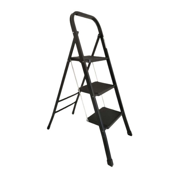 3 Step Ladder Steel Folding Step Stool With Wide Anti-Slip Pedal Black