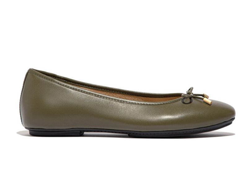 FitFlop Delicato Bow Soft Leather Ballet Flats Deep Olive