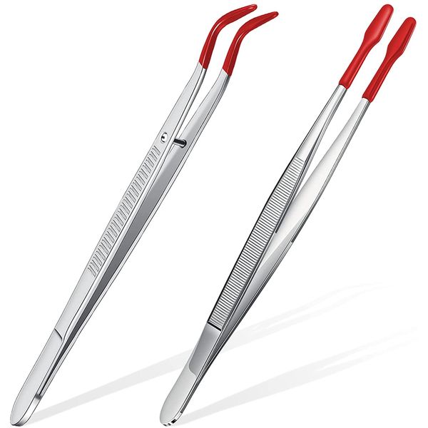 2Pcs Tweezers Tips Set Coated Bent Flat - Red