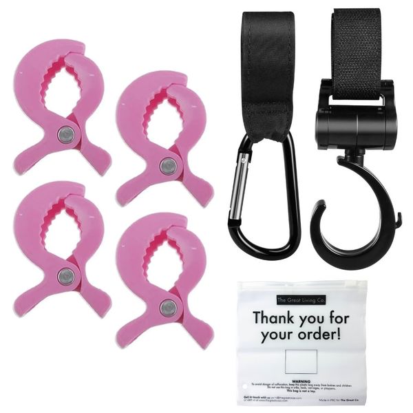 Durable Stroller Clips &amp; Hooks Set with Reusable Zipper Bag 7-Piece