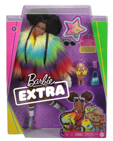 Barbie Extra Doll #1 in Furry Rainbow Coat with Pet Poodle