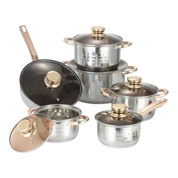 Pot Set 12pc Engelberg Stainless Steel With Gold Glass Lids