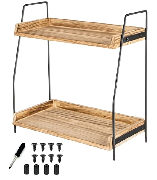 2 Tier Wooden Multipurpose Countertop Coffee Station Organiser Rack - Brown