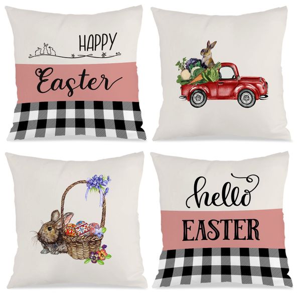 Set of 4 Easter Bunny Pattern Throw Cushion Cover, 45x45cm Bed Pillow Cover