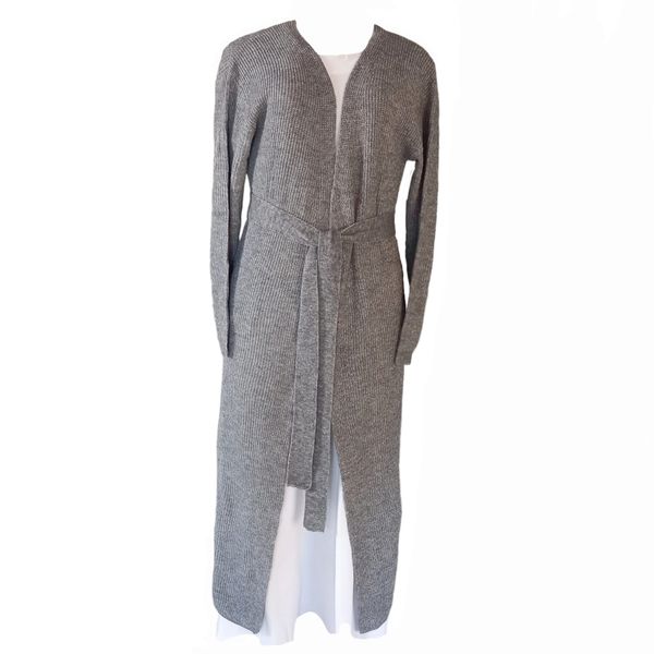 Ladies Grey Ribbed Cardigan with Belt
