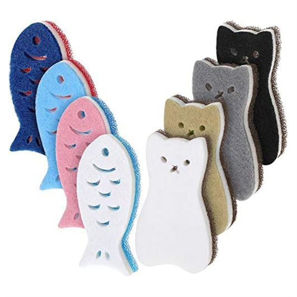 8 Pieces Kitchen Scrub Sponges Cats Fish Cleaning Sponge Dishwashing Scrub