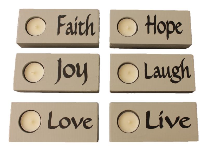 Wooden Candle Holders (Set 6) - Live, Love. Laugh, Faith, Joy, Hope