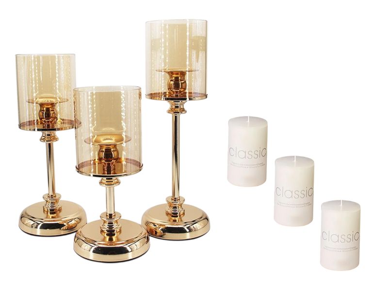 Luxury Gold Metal Candle Holder Set with Glass Covers &amp; Classic Candles