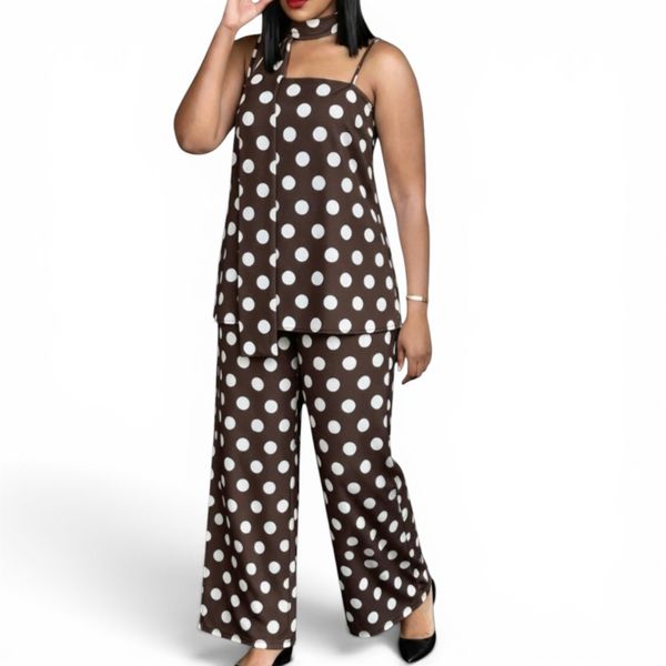 GlammeFab Spaghetti Strap Polka Dot Two-Piece Set -Dark Brown
