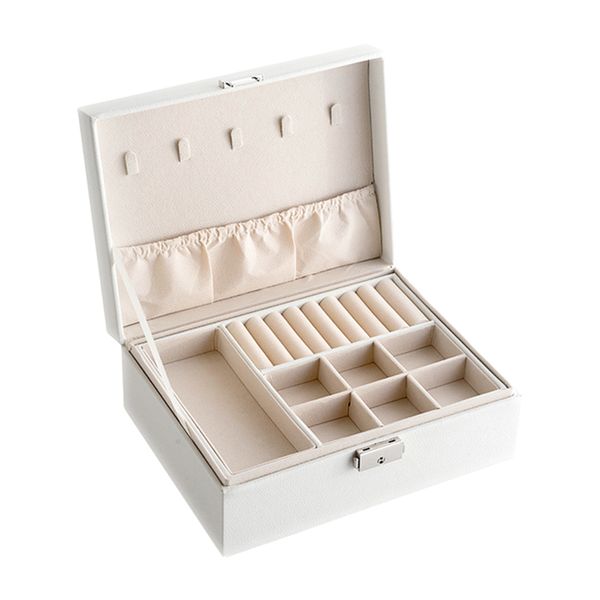 Portable PU Leather Double-Layer Velvet Jewelry Earring Storage Box White