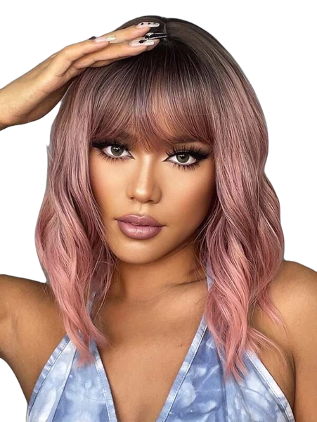 Pink Ombre Short Curly Synthetic Wig With Fringe