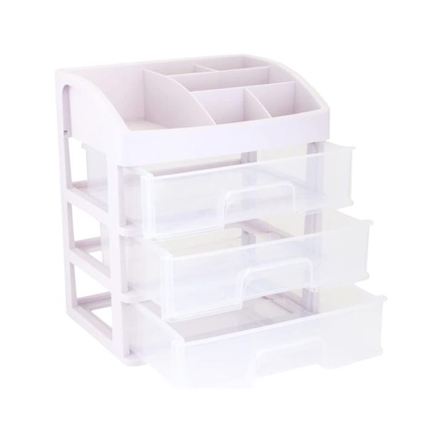 White Clear Makeup Organiser with 3 Drawers &amp; Lipstick Slot Cosmetic Box