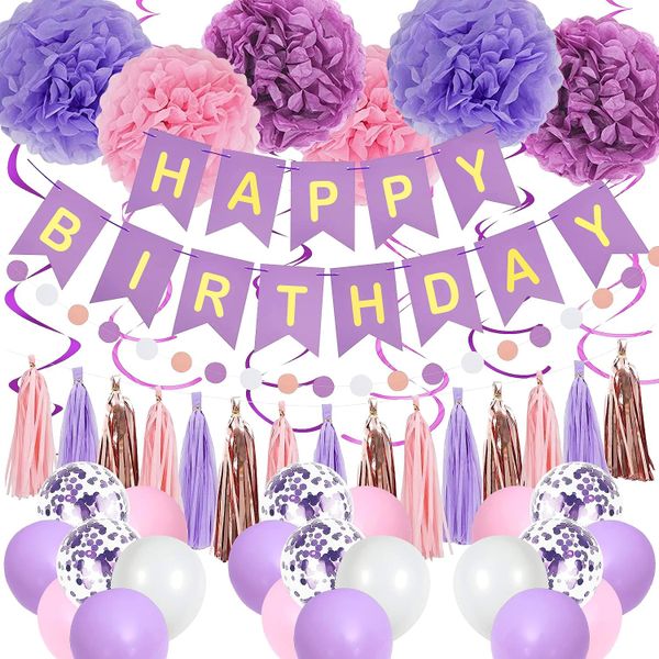 Purple and Pink Birthday Party Decorations - Complete Set For Women and Girls