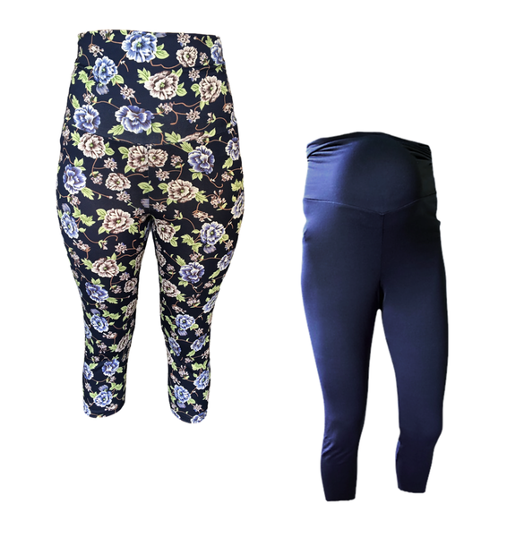 Maternity Tights/Leggings Capri-2 Pack-Navy Floral &amp; Plain