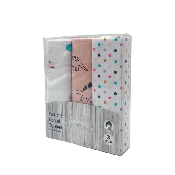 Mothers Choice 3 Pack Baby Flannel Receivers 100% Cotton - Grey Dinosaur