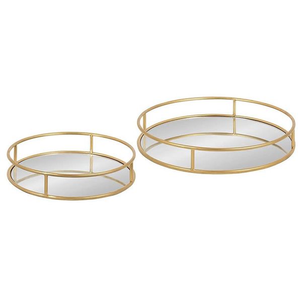 Set of 2 Indoor Decorative Nesting Mirror Trays with Gold Finish