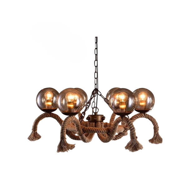 6 Lights Global Pendant Lighting Retro Rust Finish Rope with Glass Shade