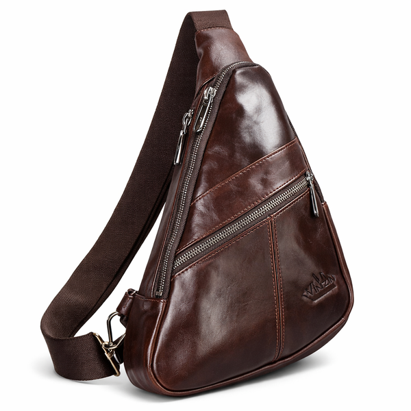 Genuine Leather Sling Chest Bag with Adjustable Strap - Black &amp; Brown