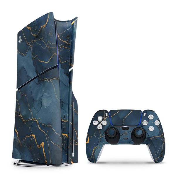 Decal Skin Compatible with PS5 Slim (Disc) - Dark Blue Marble Gold (Decal Only)