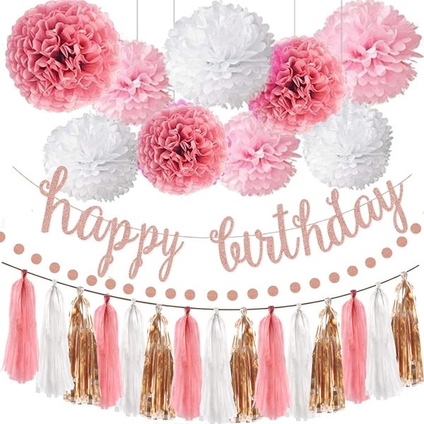 Pink &amp; Gold Glitter Birthday Banner, Pom Poms, Garland for Women's Party