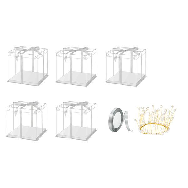 Clear Cake Box 5 Piece Tall Cake Box With Ribbon and Crown